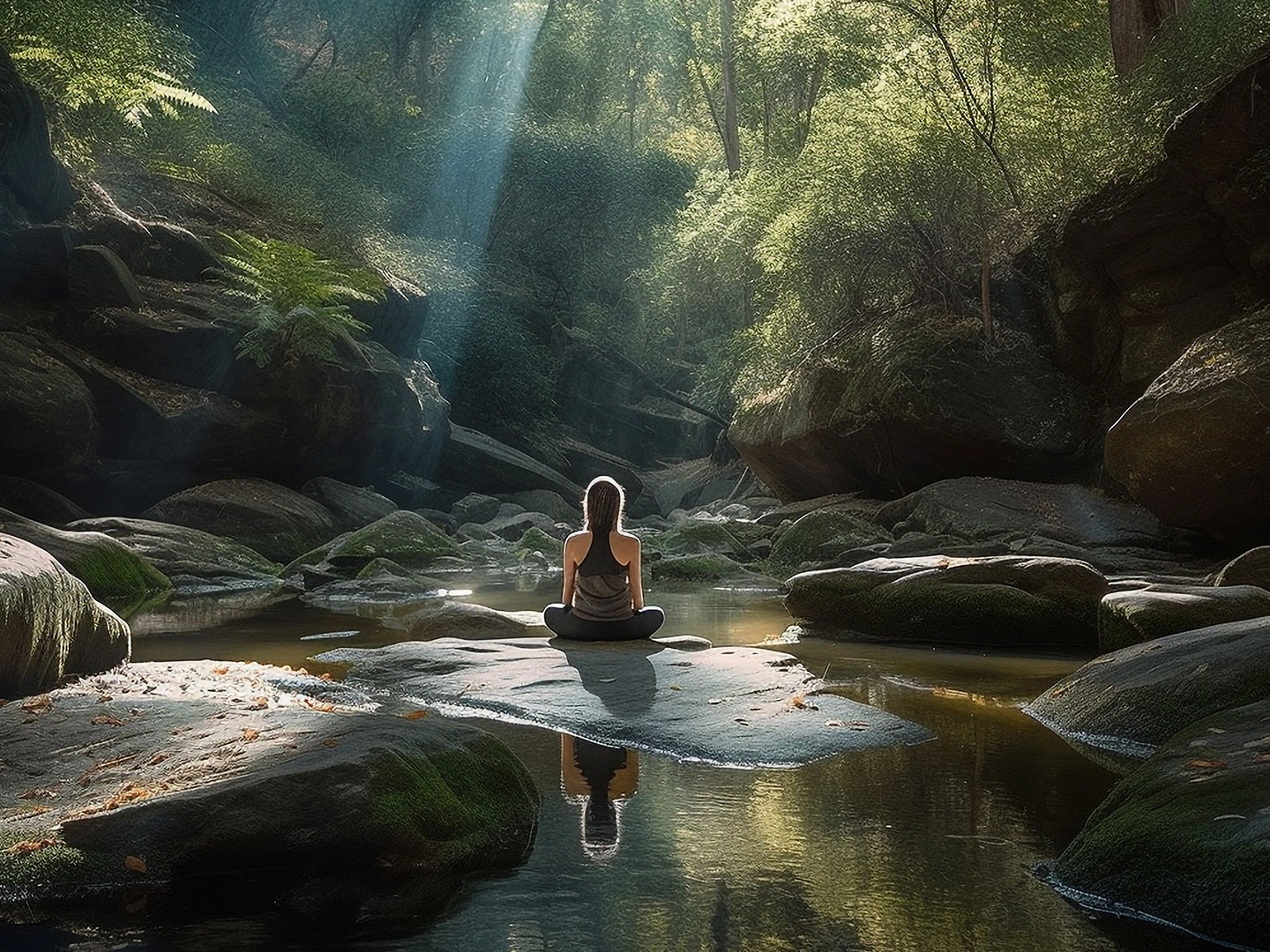 Imagen de una mujer meditando en la orilla de un lago sereno, conectándose con la naturaleza y encontrando paz interior.